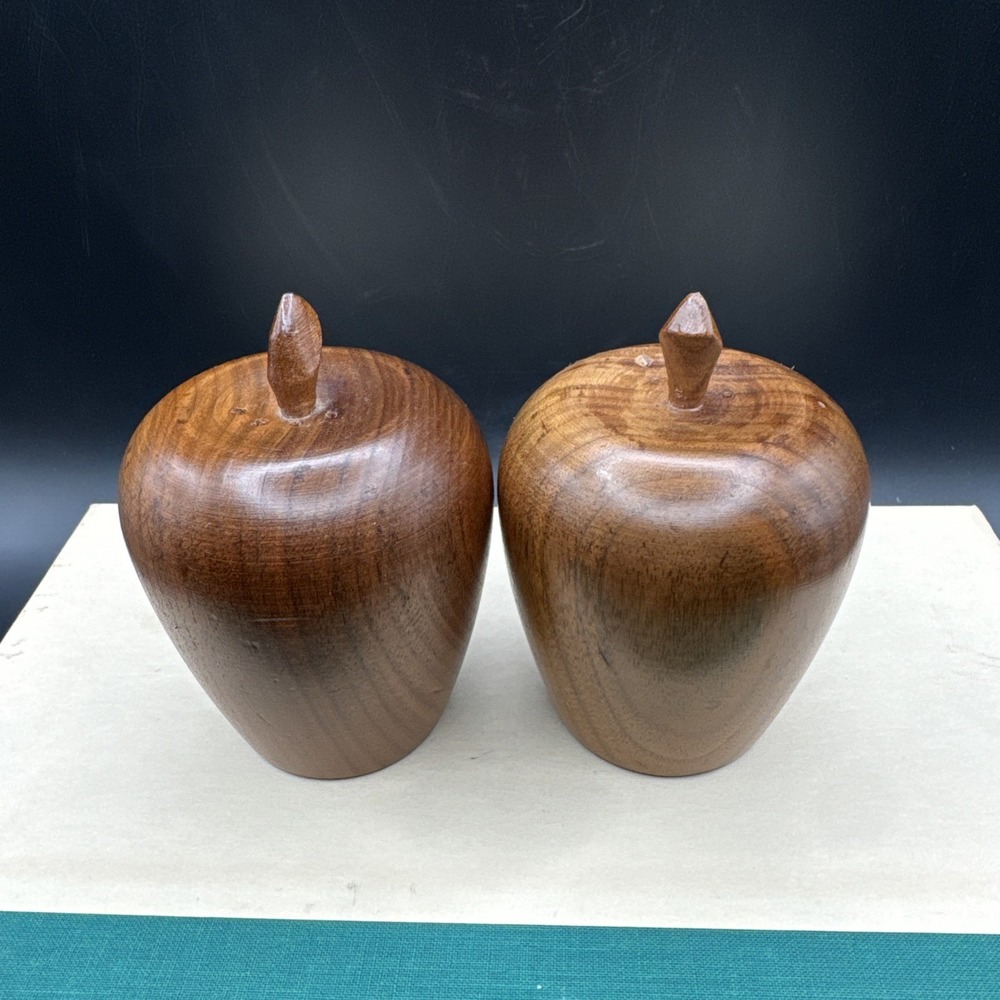 Salt & Pepper Shakers Set Carved Apple Wood w Cork‎ Stoppers Vintage 60s MCM